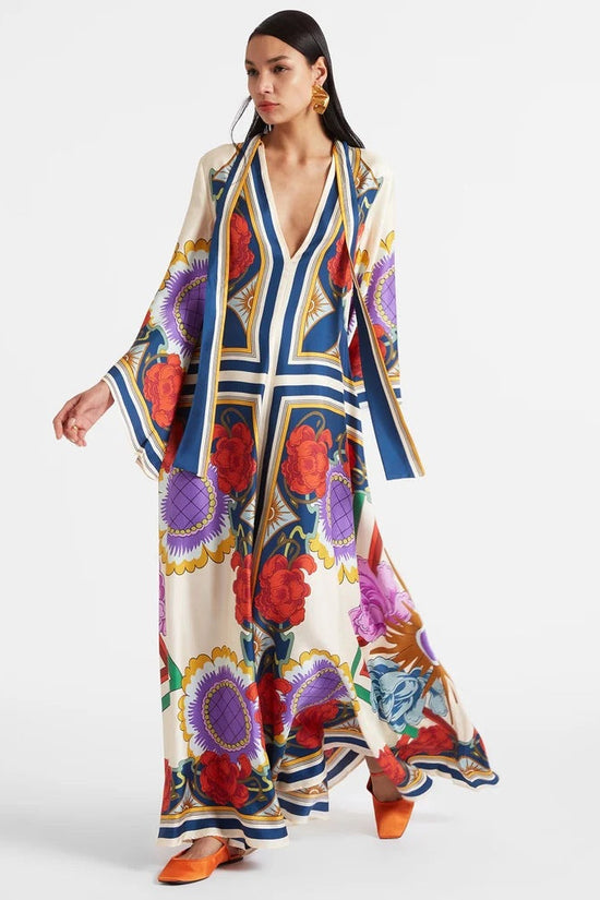 New European and American Summer Printed Seven Sleeve Stand up Collar Dress 