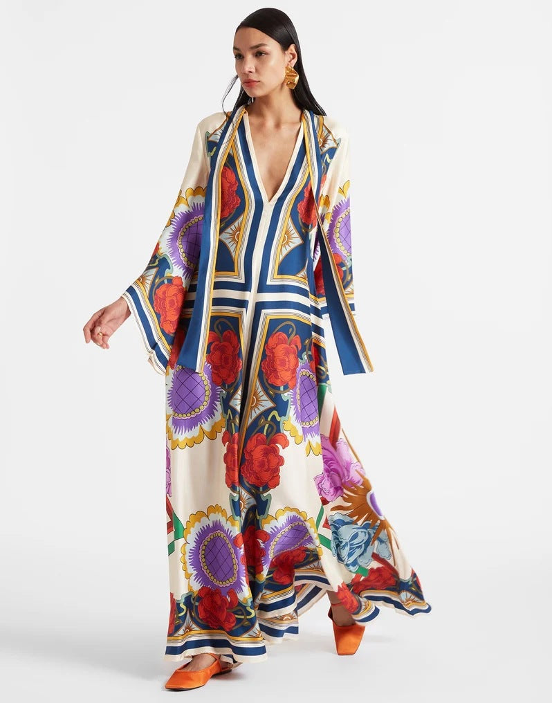 New European and American Summer Printed Seven Sleeve Stand up Collar Dress 