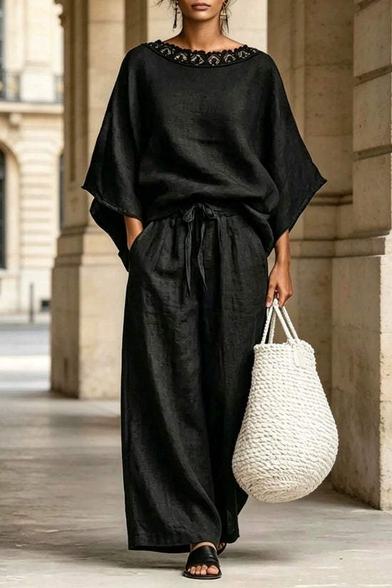 Fashion Casual Solid Color Lace Round Neck Loose Short Sleeve Pants Two-Piece Set 