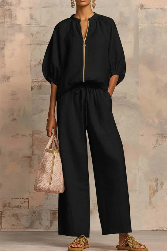 Summer Women's Casual Loose Solid Color Zipper Round Neck Wide Leg Pants Set 