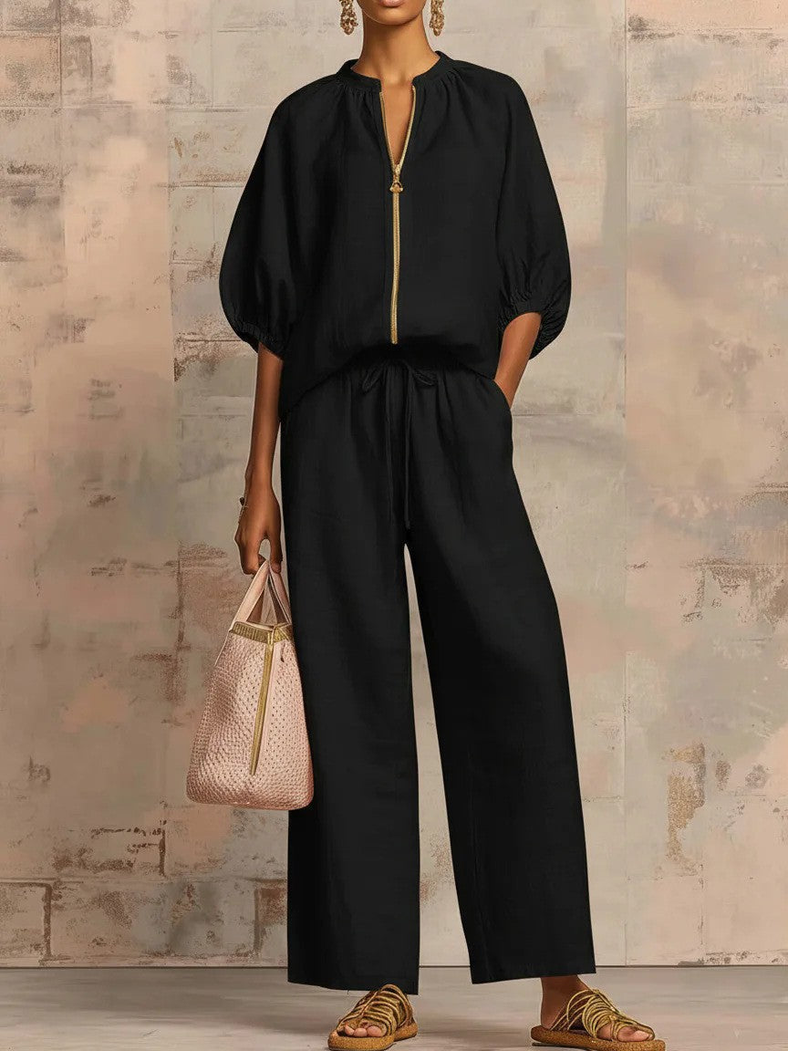 Summer Women's Casual Loose Solid Color Zipper Round Neck Wide Leg Pants Set 