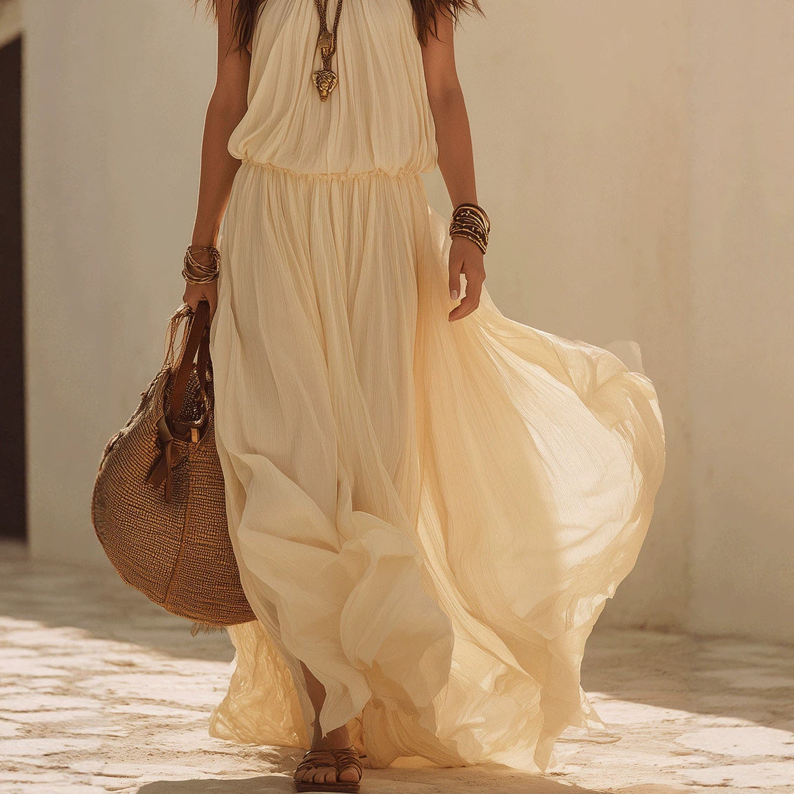Hanging neck and waist cinching dress 