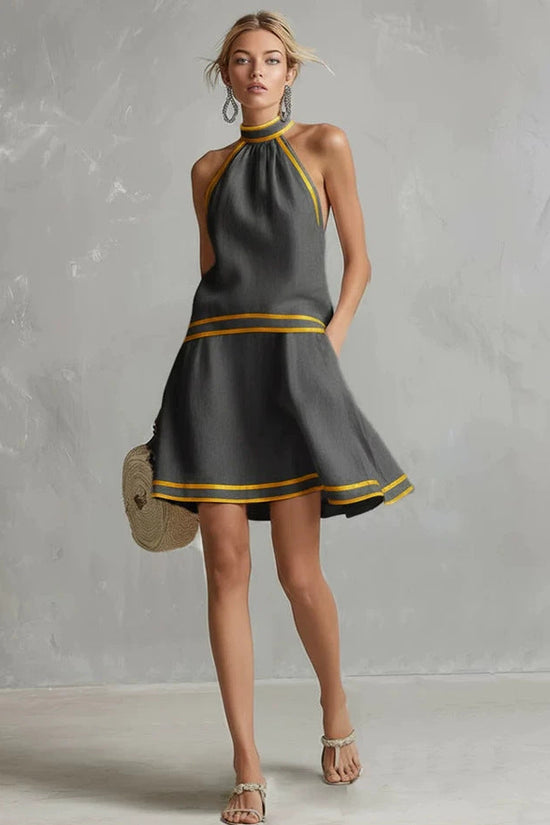 Choker Neck Fashion Short Dress with Striped Trim, Comfortable Sleeveless Fitted Dress 