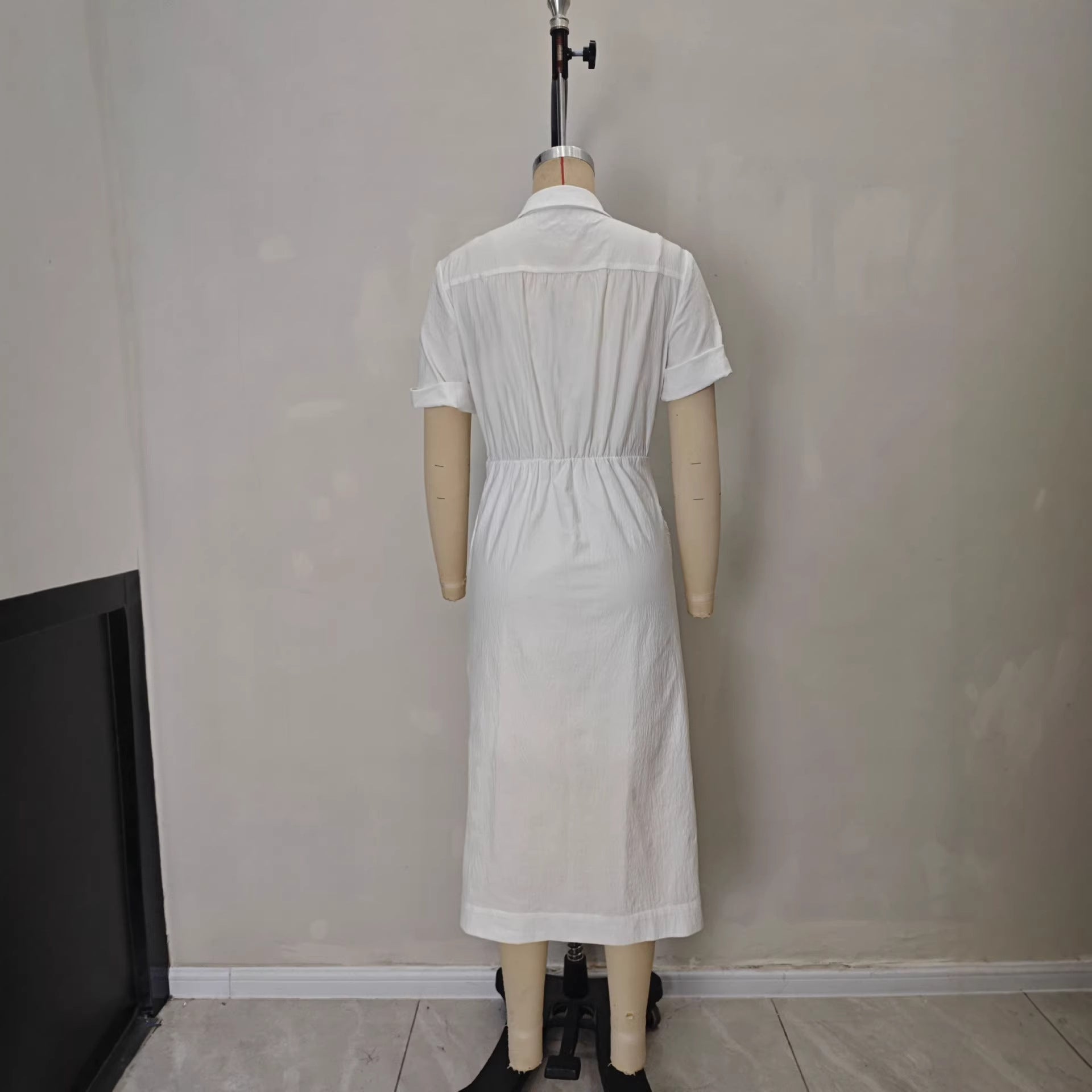 Solid color waist folded shirt long dress 