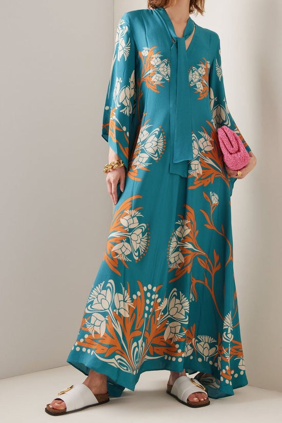 New European and American Summer Printed Seven Sleeve Stand up Collar Dress 