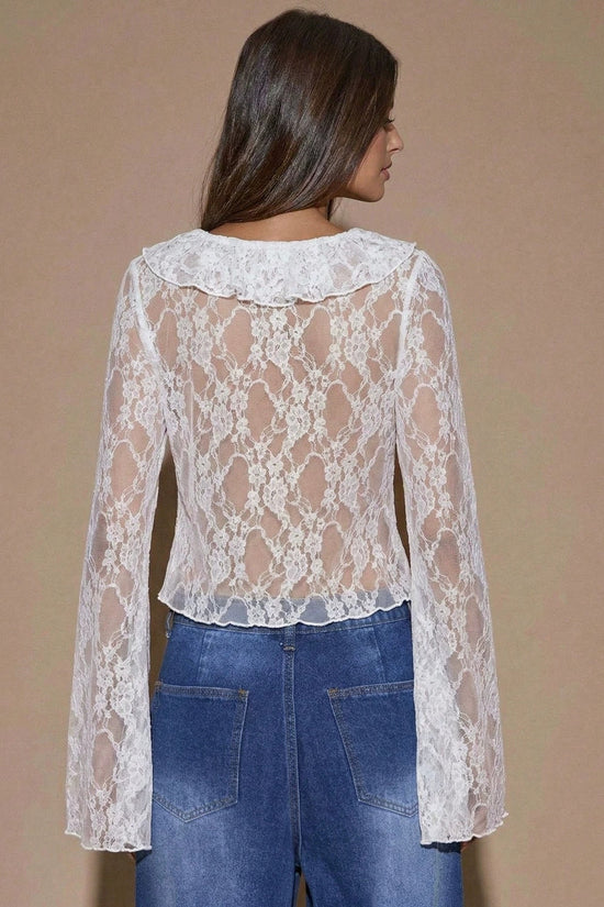 Strap and slit long sleeved V-neck lace top 