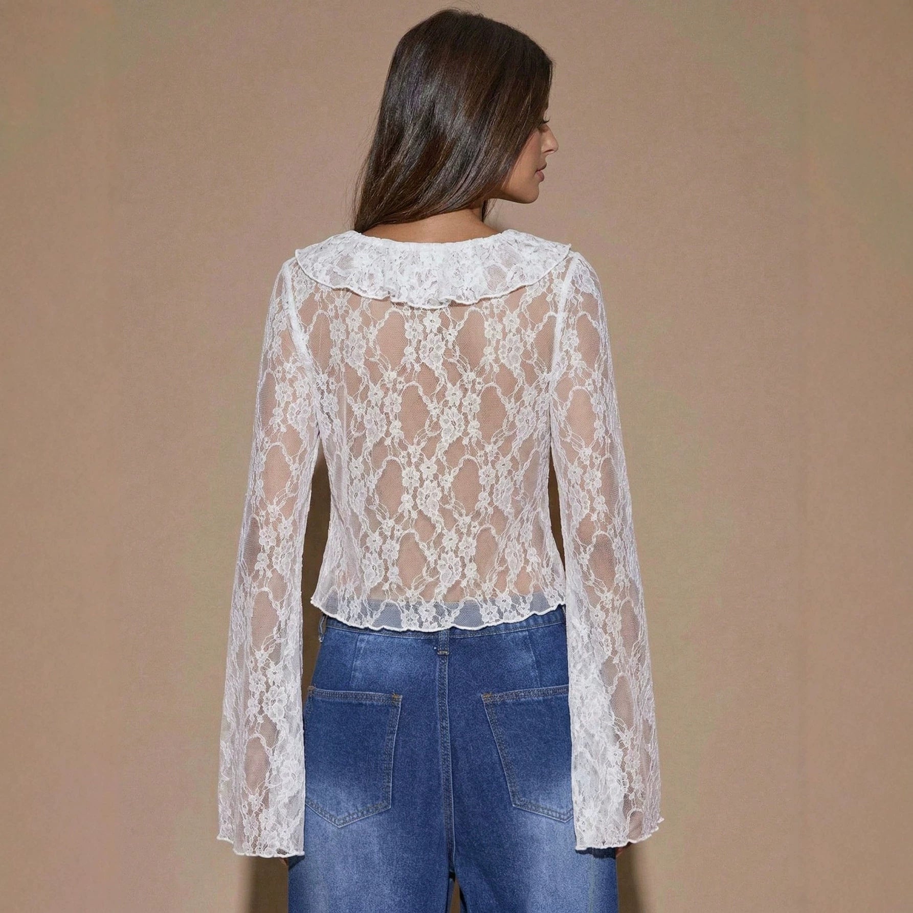 Strap and slit long sleeved V-neck lace top 