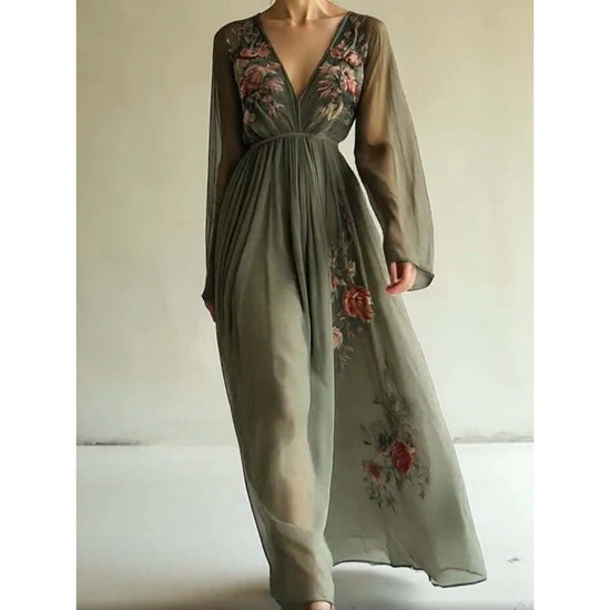 Printed long sleeved long collar dress long skirt 