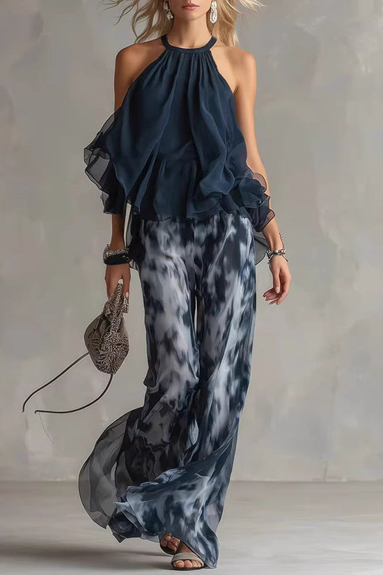Sleeveless camisole collar top and printed wide leg pants chiffon set 