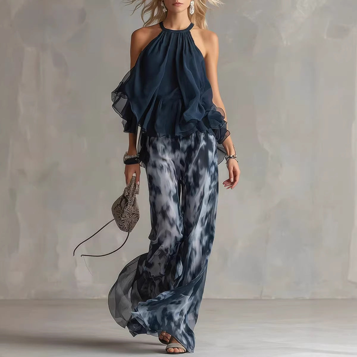 Sleeveless camisole collar top and printed wide leg pants chiffon set 