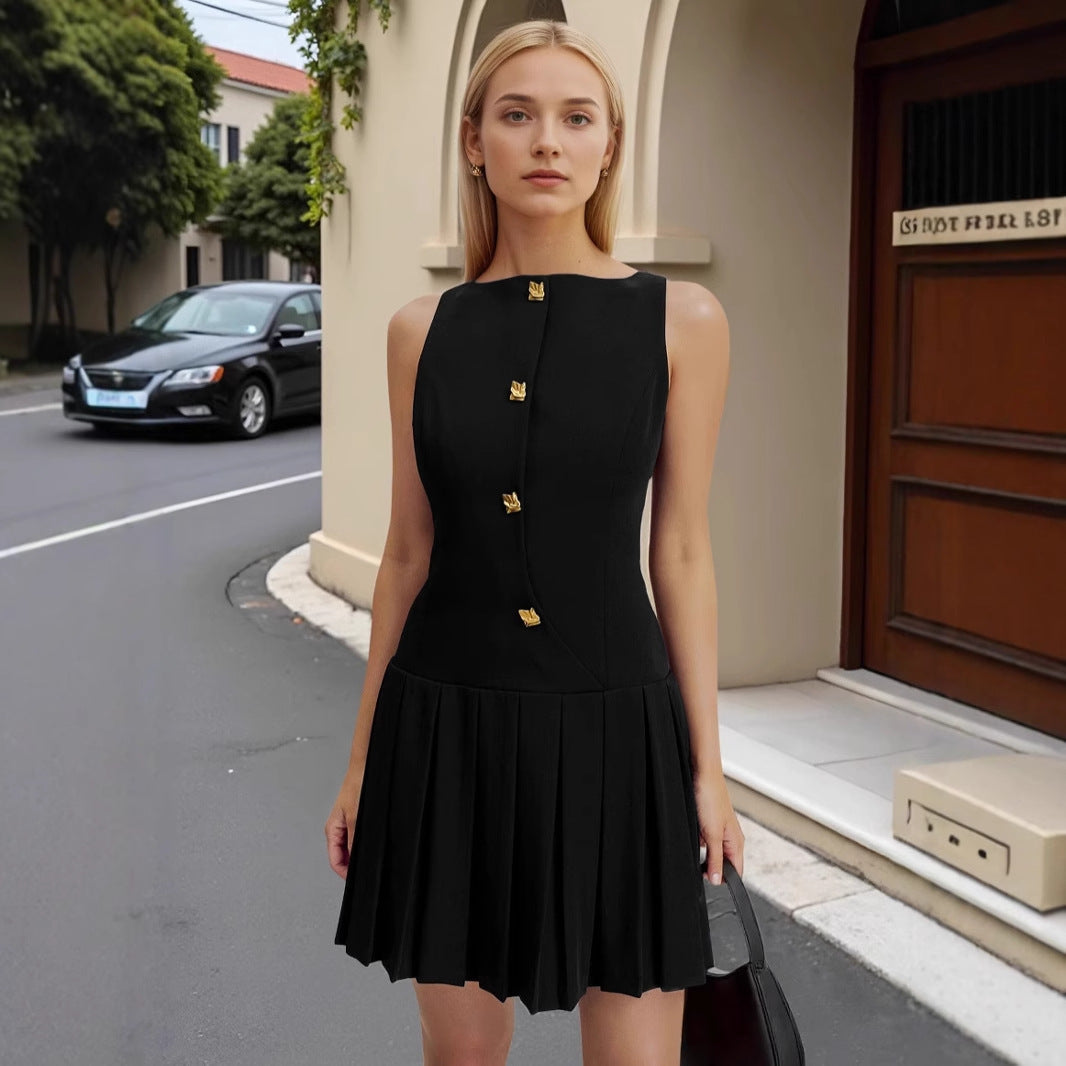 Wrinkled waist cinching solid color sleeveless short dress 