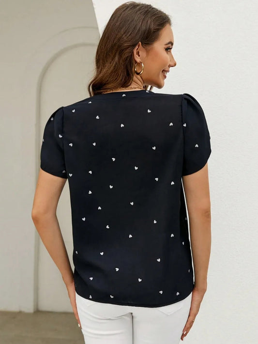 V-neck heart-shaped petal sleeve shirt with elegant women's top 