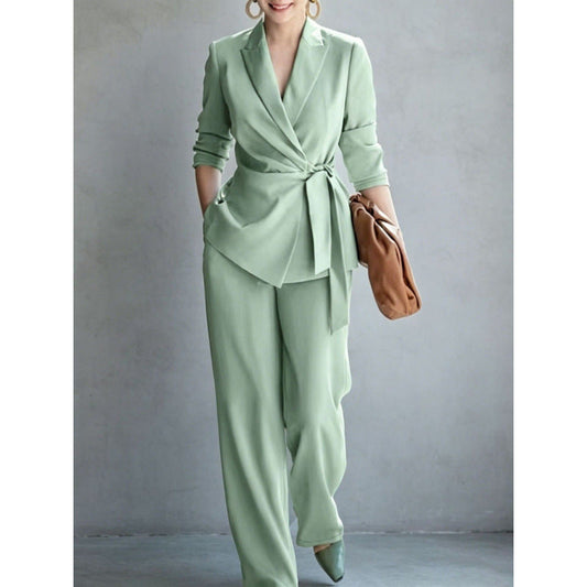 Fashionable Elegant Women's Casual Solid Color Suit Set with Belted Top and Pants 