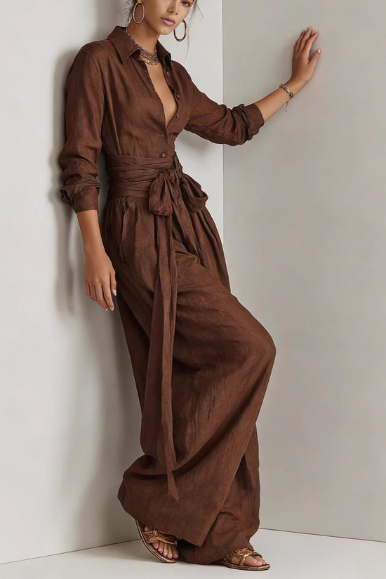 Solid color collar top high waisted pants two-piece set 