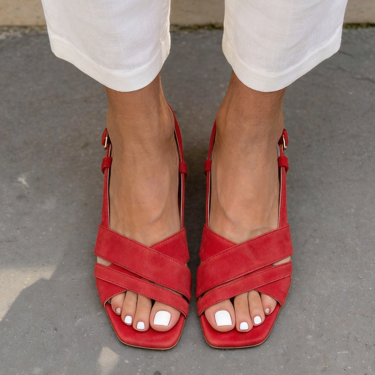 Made to order ships in 3–5 days Suede mid heel square toe open toe buckle sandals for women 