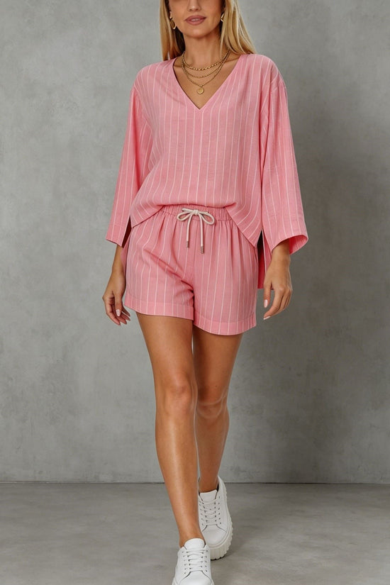 Loose V-neck long sleeved shorts striped set 