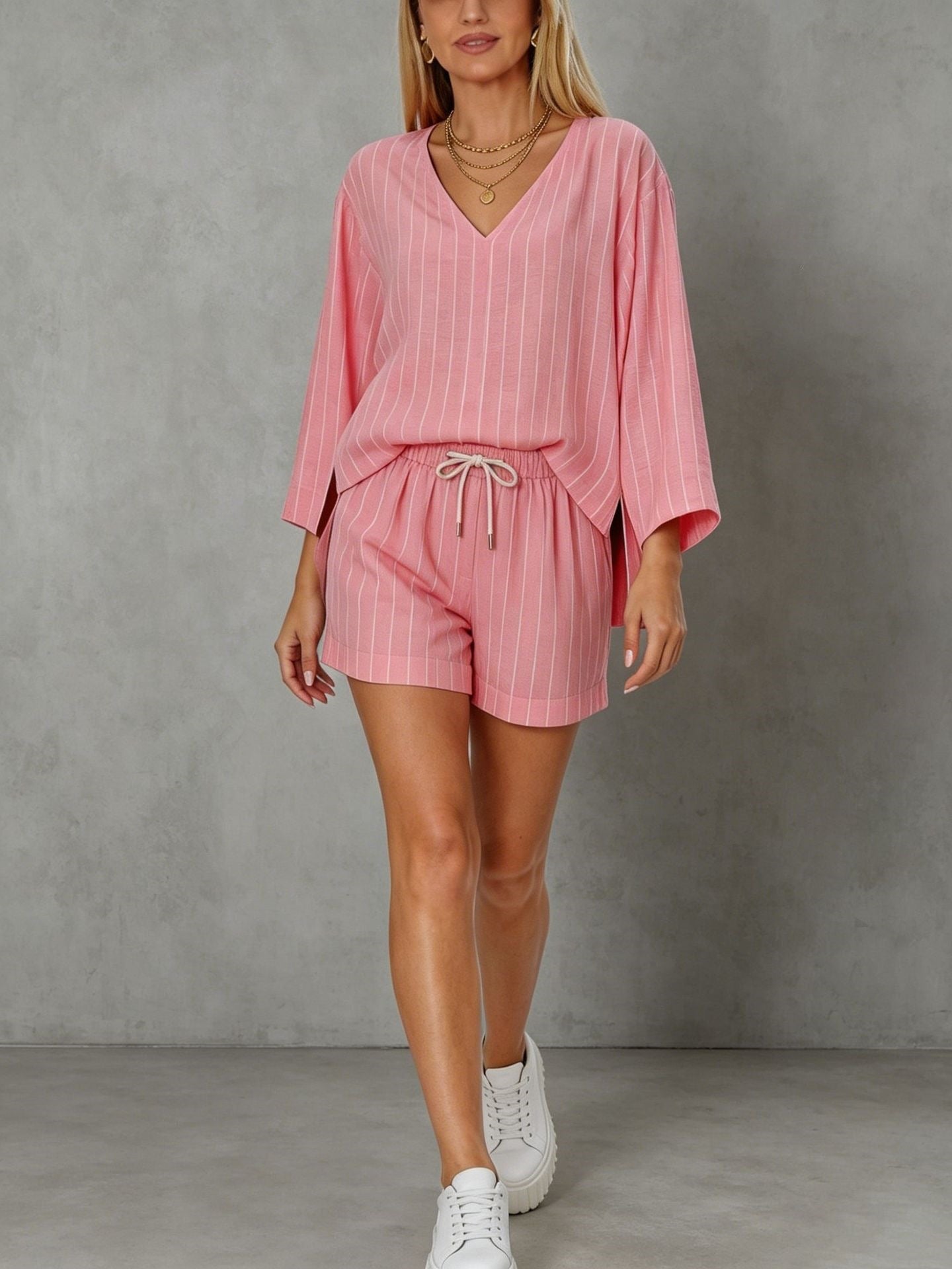 Loose V-neck long sleeved shorts striped set 