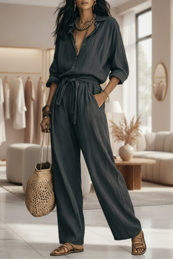 2-piece set fashion casual button-up collar shirt with loose pants and belt 