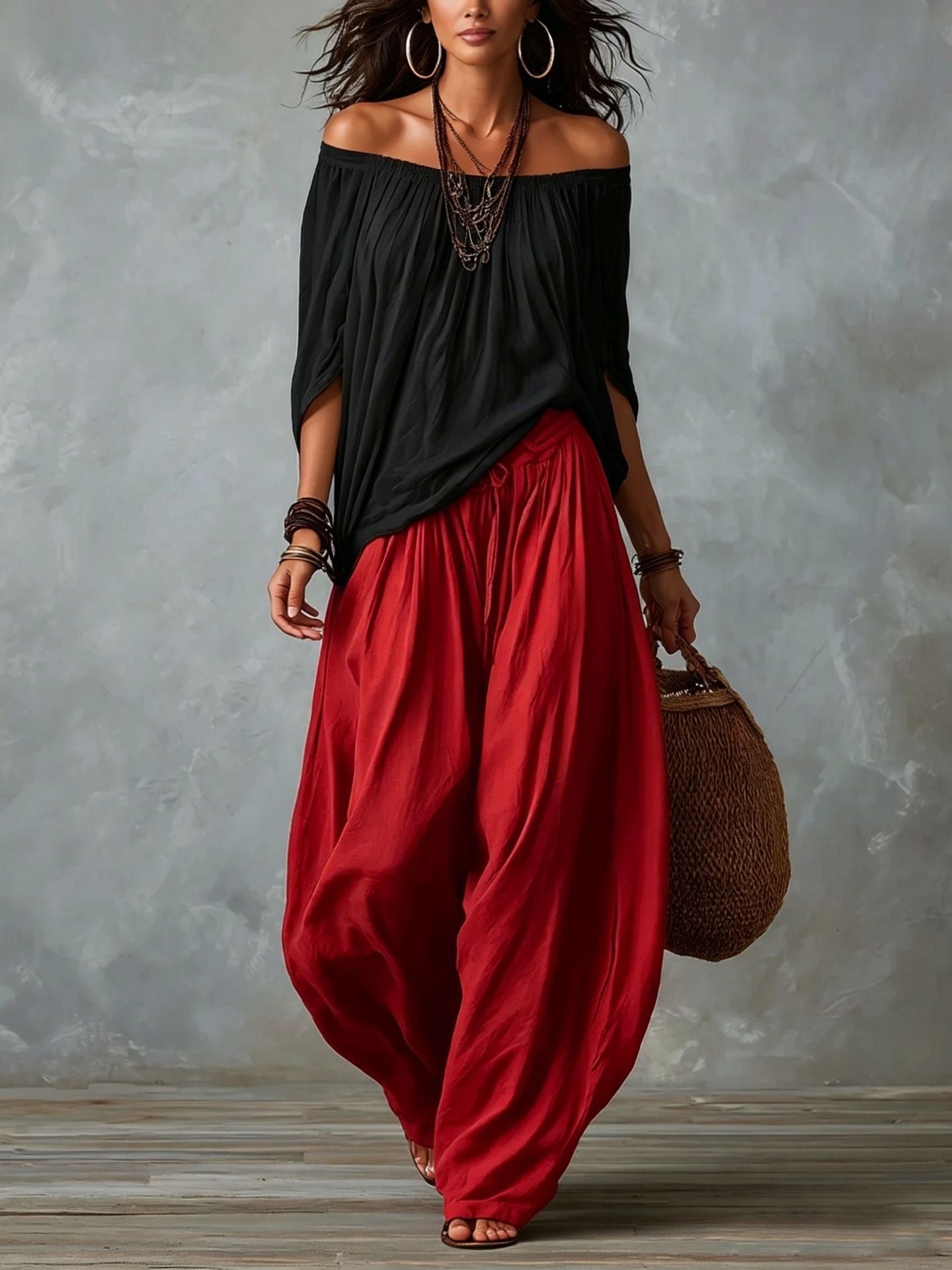 Fashion One-Shoulder T-Shirt with Wide-Leg Pants Set for Women, Elegant Two-Piece Long Sleeve Casual Outfit 
