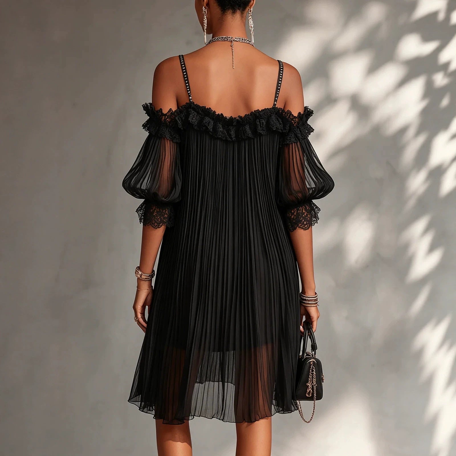 Sexy Sheer Lace Spliced Strap Solid Color Backless Dress 