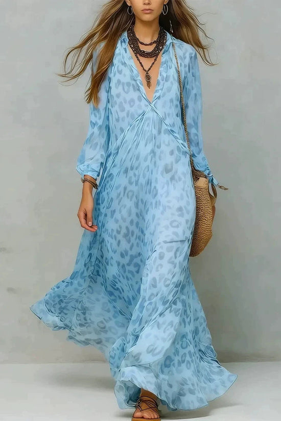 Leopard Print Chiffon Long Dress Deep V-Neck Three-Quarter Sleeve Flared Beach Vacation Dress 
