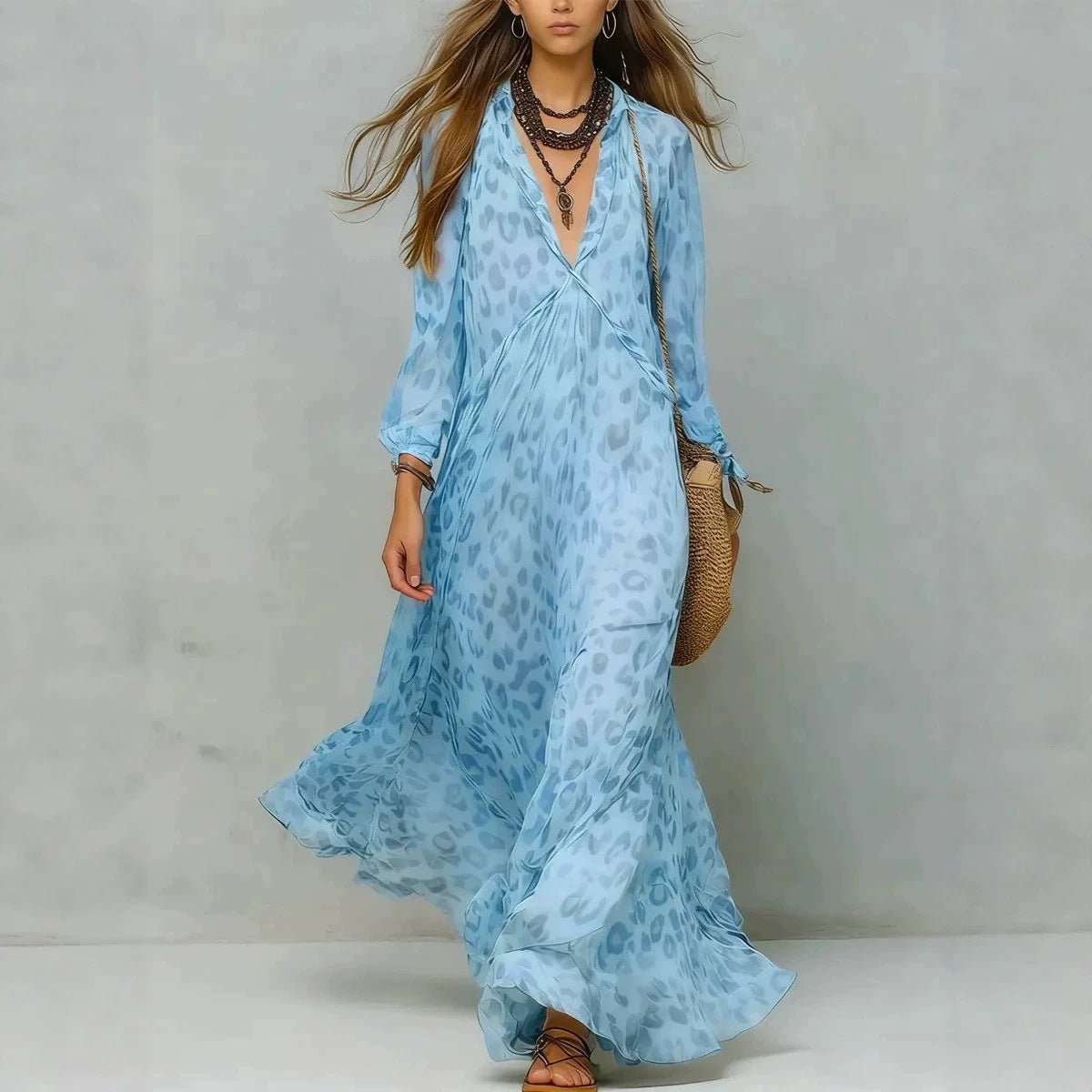 Leopard Print Chiffon Long Dress Deep V-Neck Three-Quarter Sleeve Flared Beach Vacation Dress 