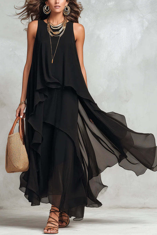 Chic Flowy Black Sleeveless Asymmetrical Chiffon Long Dress 