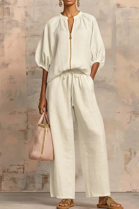 Summer Women's Casual Loose Solid Color Zipper Round Neck Wide Leg Pants Set 