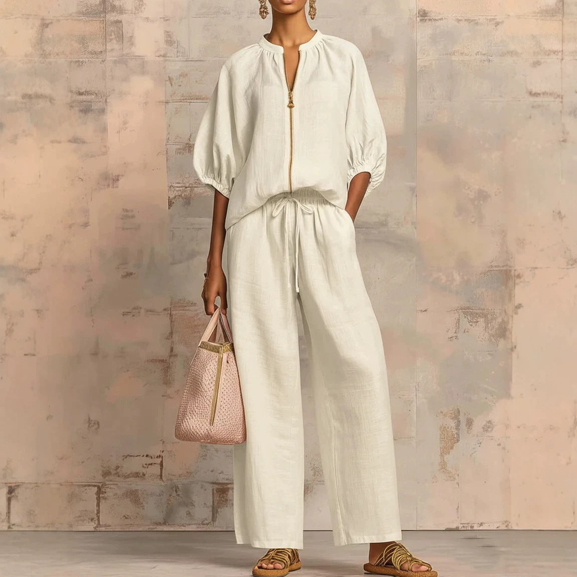 Summer Women's Casual Loose Solid Color Zipper Round Neck Wide Leg Pants Set 