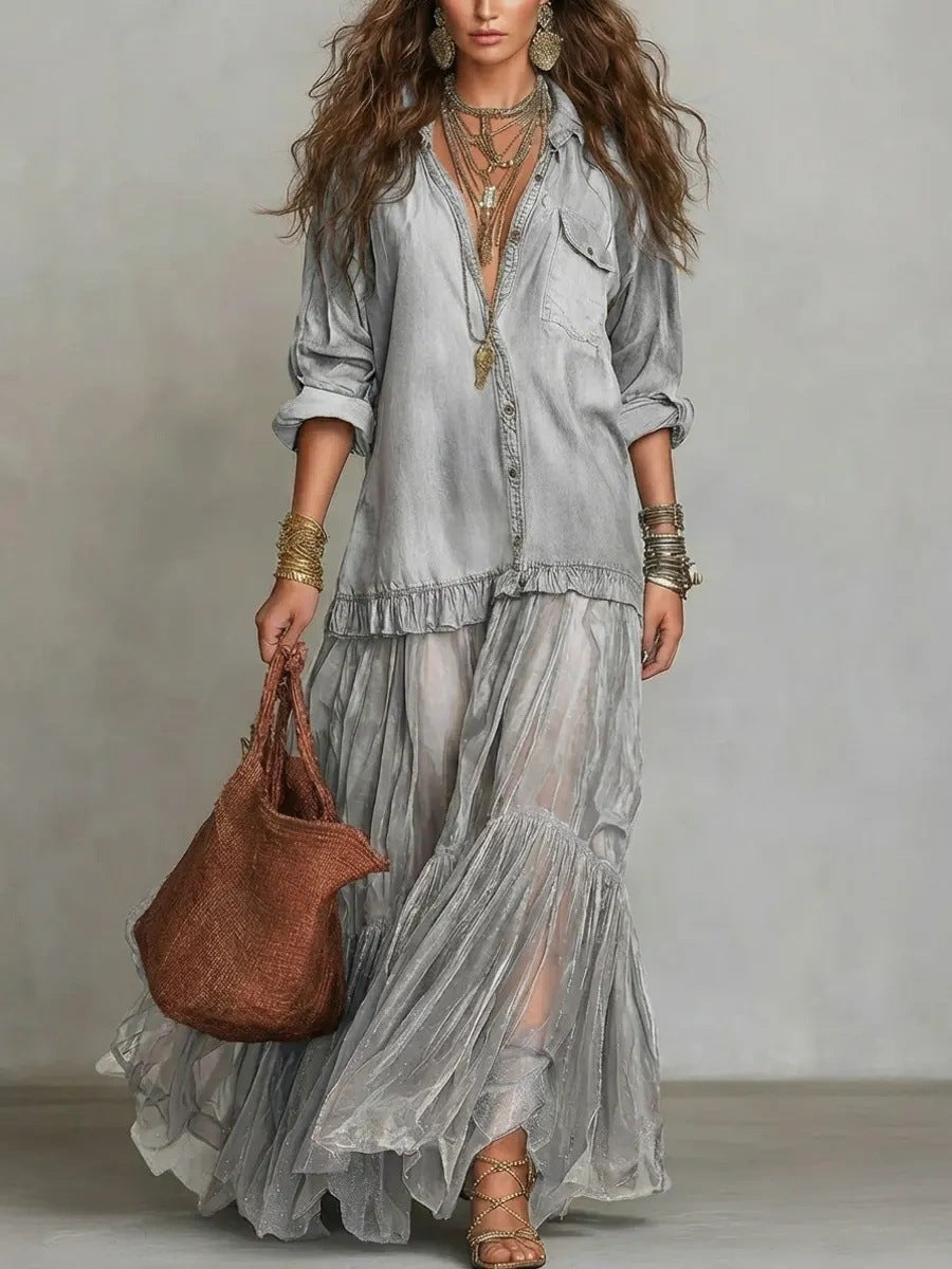 Vintage Denim-like Long Dress Casual Style 