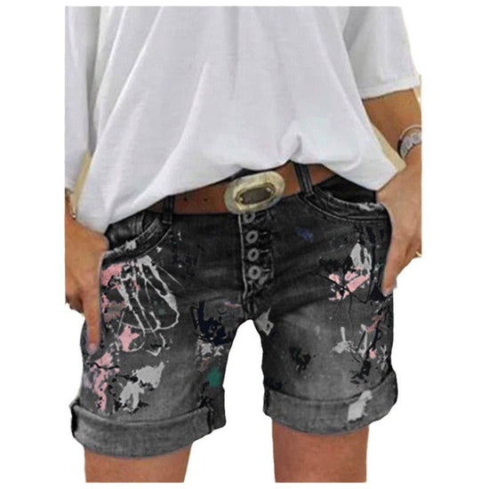 High-Waisted Elastic Printed Women's Denim Shorts with Button Closure, Large Size, Fashionable Design 