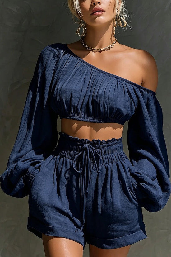 Shoulder long sleeved short top+high waisted casual shorts set for women 