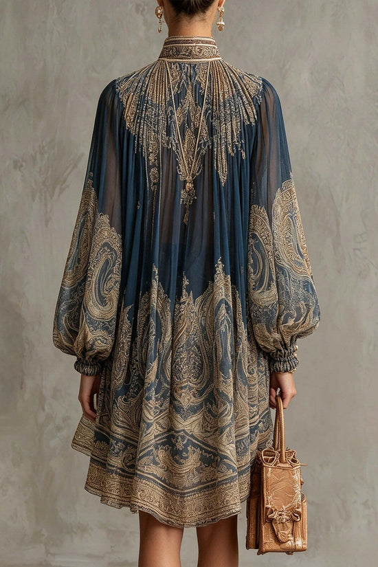Printed Long Sleeve High Neck Loose Dress 