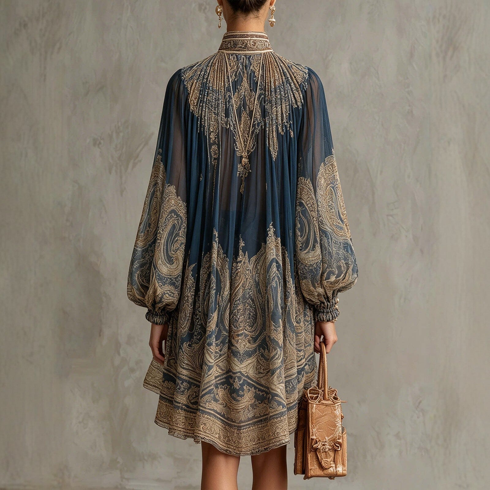 Printed Long Sleeve High Neck Loose Dress 