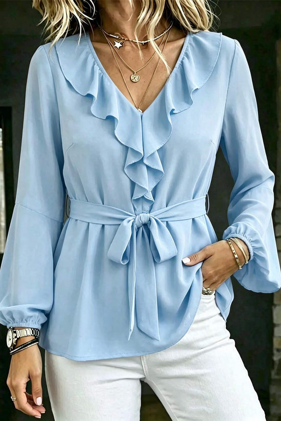 Elegant Women's V-Neck Ruffle Blouse with Tie Waist, Lantern Sleeves Long Sleeve Top 