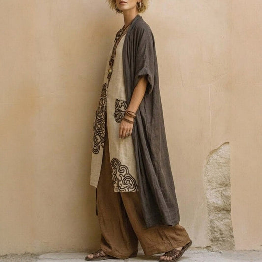 Loose Embroidered Long Robe Two-Piece Set for Women, Casual Wide-Leg Pants Outfit, Fashionable and Trendy 