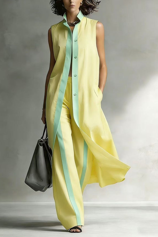 Color blocking loose vest cardigan pants set 