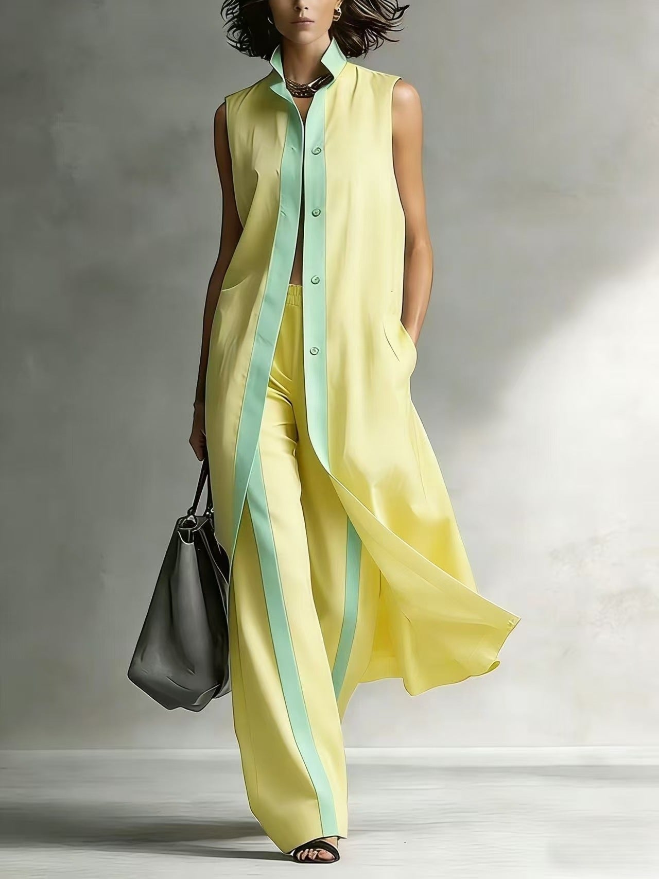 Color blocking loose vest cardigan pants set 
