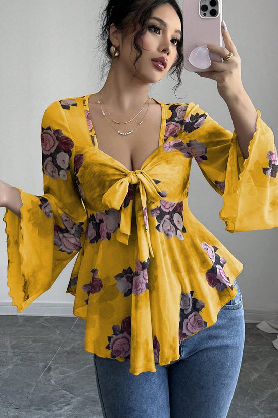 Sweet Floral Ombre Tie-Back Square Neck Long Sleeve Blouse 