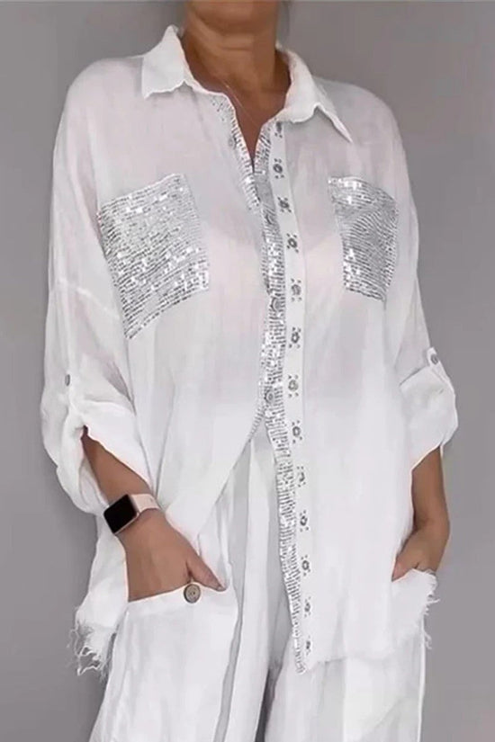 New Fashion Casual Women's Set with Pocket Placket and Gold Embellished Round Neck Design 