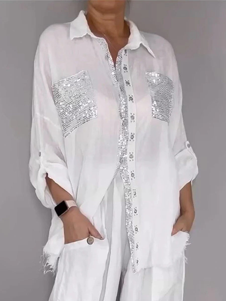 New Fashion Casual Women's Set with Pocket Placket and Gold Embellished Round Neck Design 