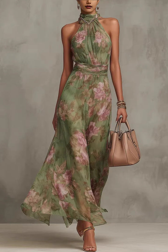 Wrinkled hip bag mesh printed irregular slit letter suspender dress 