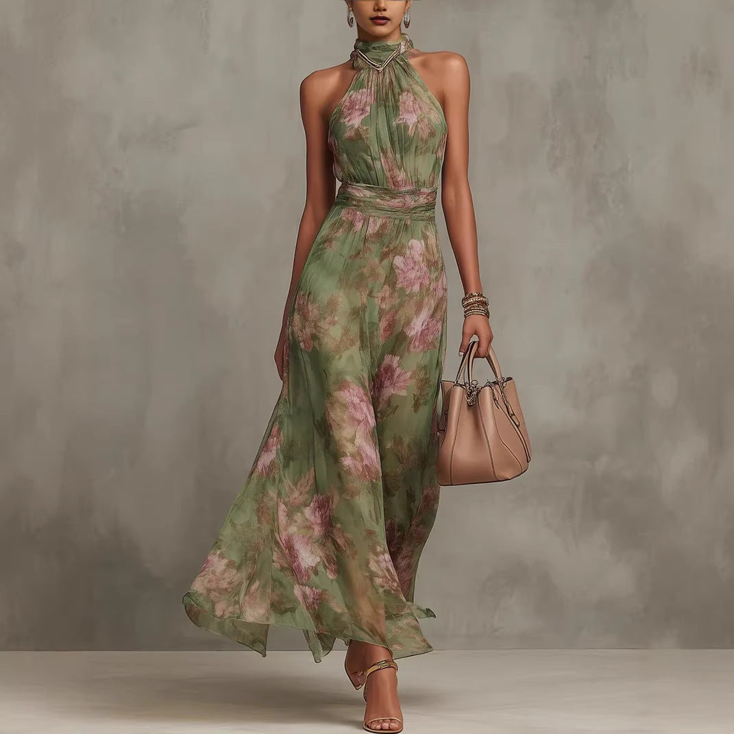 Wrinkled hip bag mesh printed irregular slit letter suspender dress 