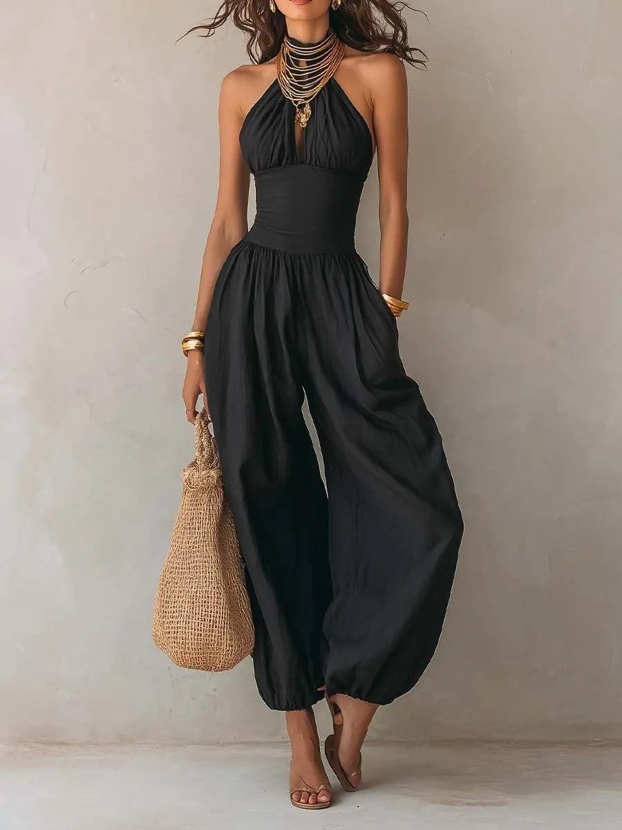 Slim-Fitting Body-Concealing Travel Halter Neck Sexy Casual Comfortable Jumpsuit 