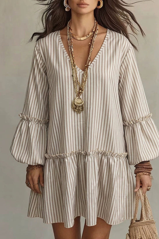 Style Autumn New Women's Long Sleeve Dress Stripe Print V-Neck Lantern Sleeve Loose Mini Dress 