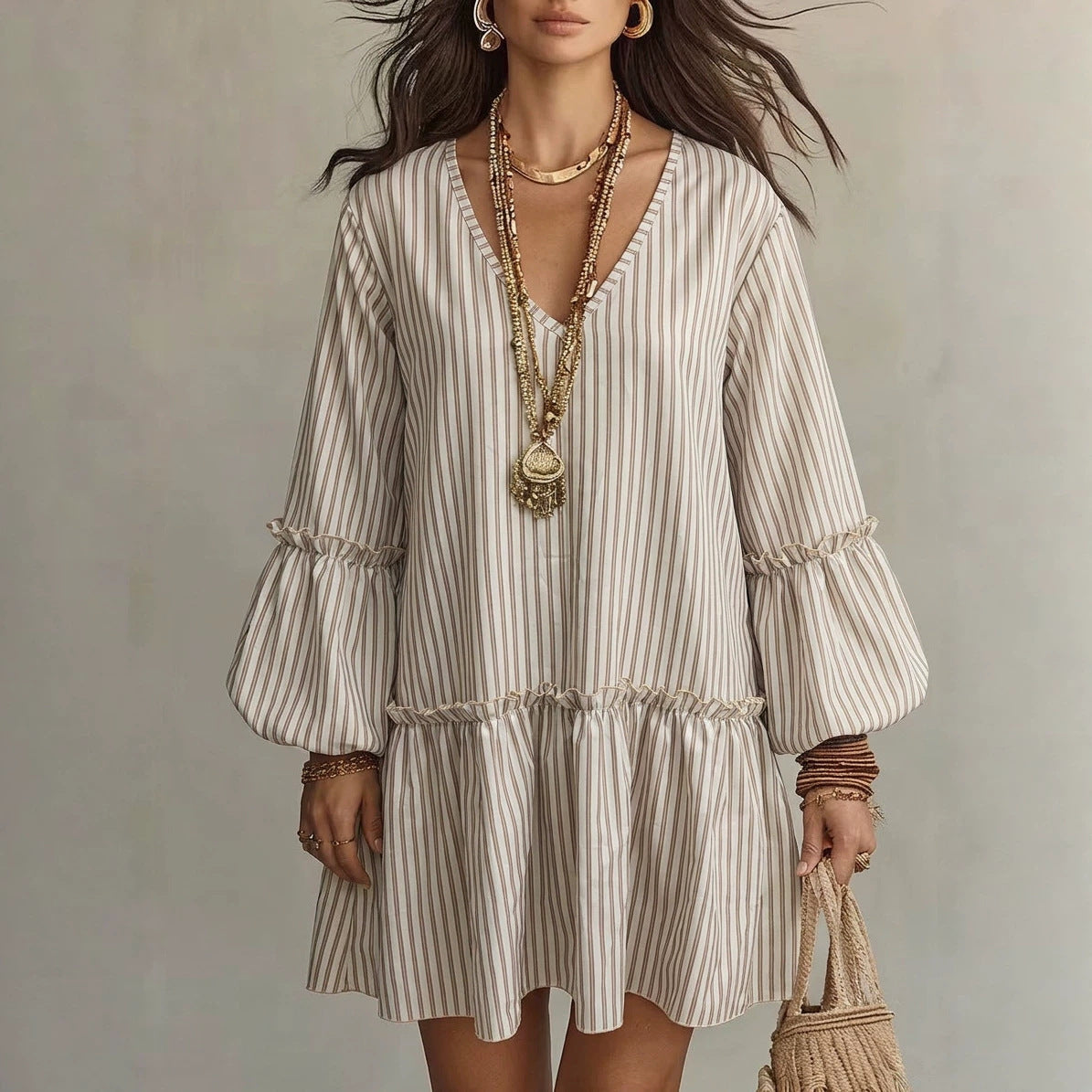 Style Autumn New Women's Long Sleeve Dress Stripe Print V-Neck Lantern Sleeve Loose Mini Dress 