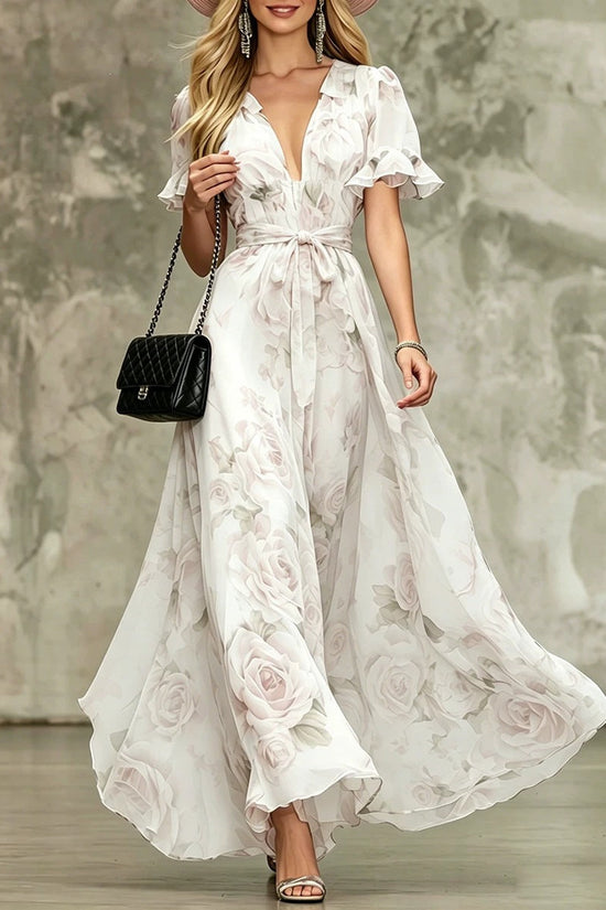 Deep V-neck ruffle sleeve printed dress 