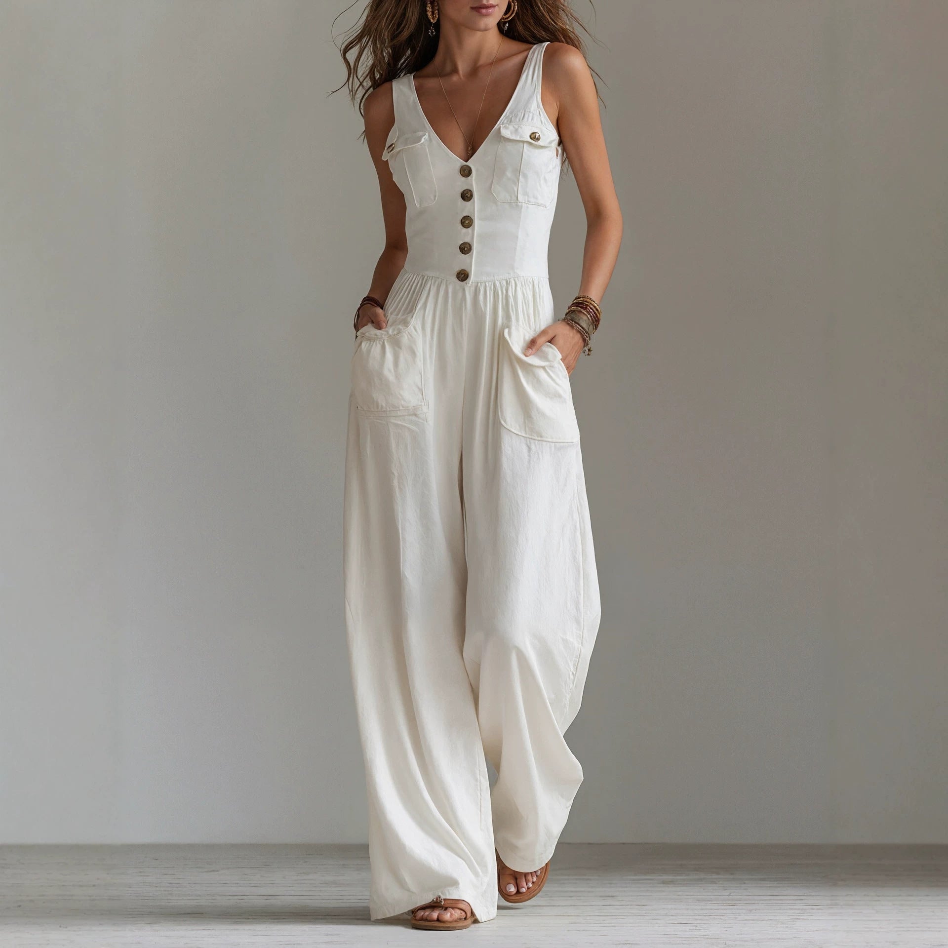 Summer pocket V-neck vest high waisted jumpsuit for women 