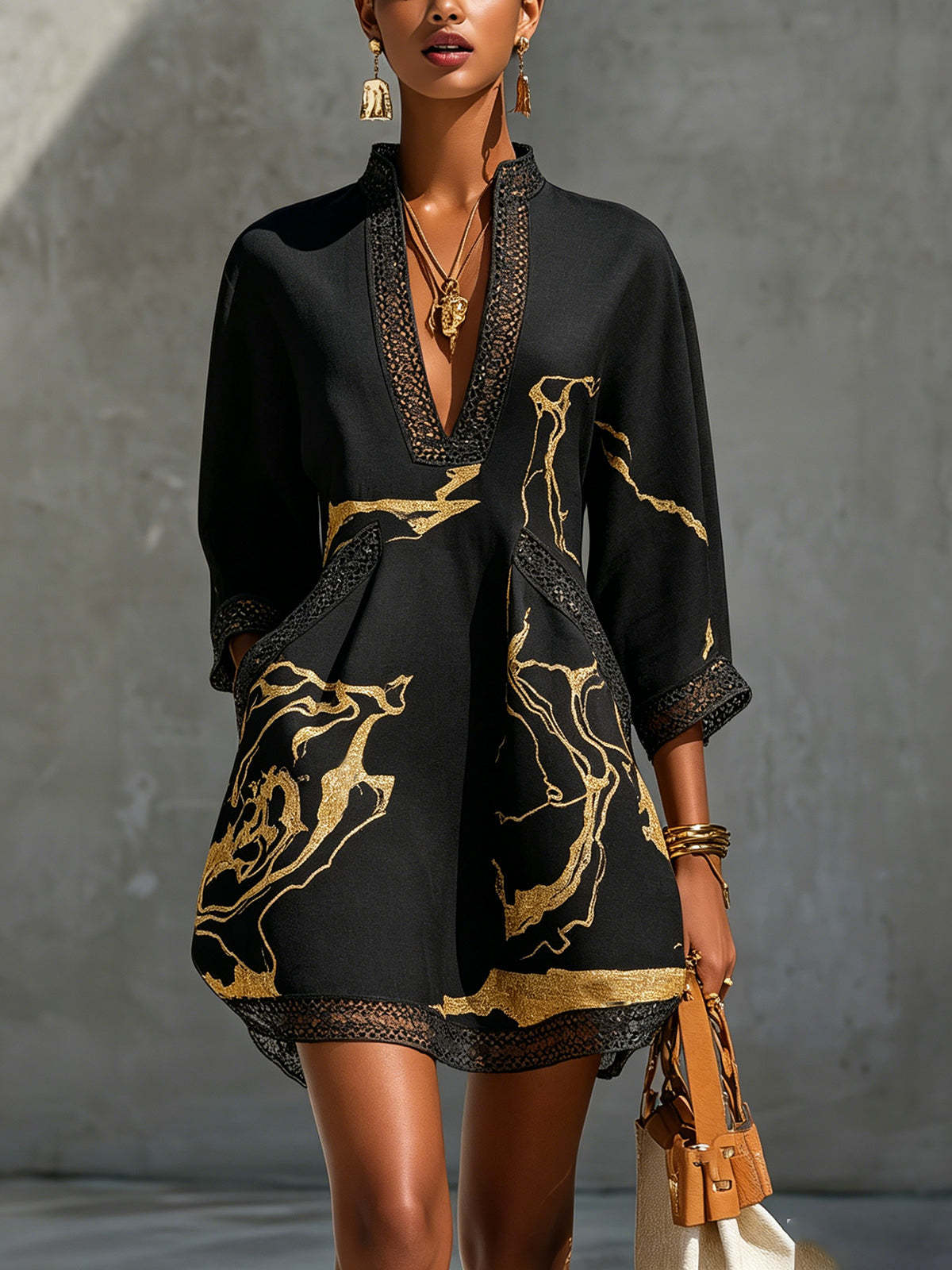 Printed lace trimmed seven quarter sleeved cotton linen short dress 