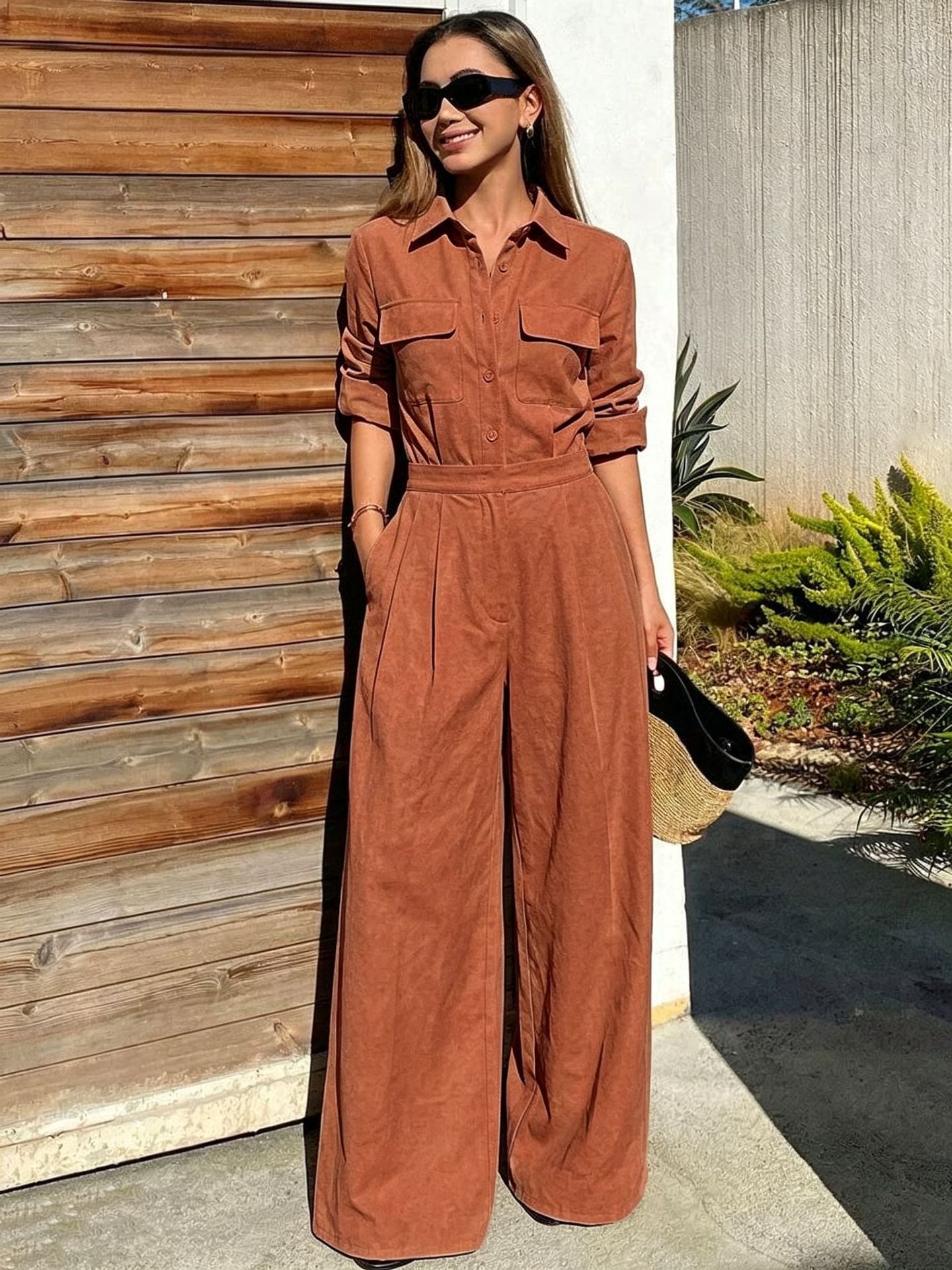Women's collar long sleeved jumpsuit 